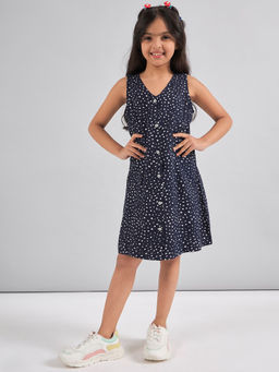 Stylo Bug - Girls Navy Blue Polka Printed V-Neck Dress