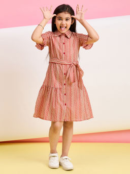 Stylo Bug - Girls Red Geometrical Print Dress with Belt (Set of 2)