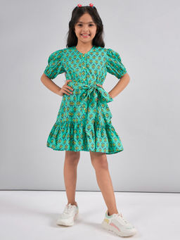 Stylo Bug - Girls Green Flower Printed Dress with Belt (Set of 2)