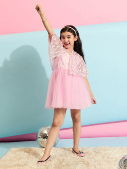 Stylo Bug - Girls Pink Embellished Flare Party Dress with Jacket (Set of 2)