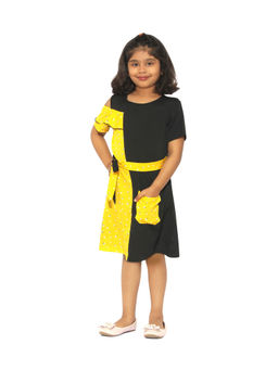 Stylo Bug - Girls Yellow Flower Printed Round Neck Dress with Belt (Set of 2)