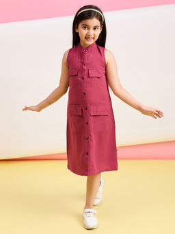 Stylo Bug - Girls Magenta Solid Mandarin Neck Sleeveless Dress