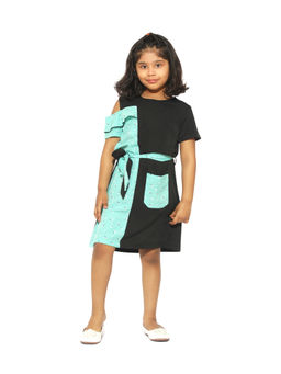 Stylo Bug - Girls Blue Flower Printed Round Neck Dress with Belt (Set of 2)