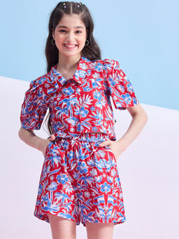 Stylo Bug - Girls Red Flower Printed Crop Top with Shorts (Set of 2)