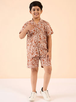 Stylo Bug - Boys Brown Flower Printed Shirt with Shorts (Set of 2)