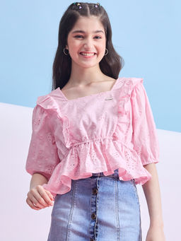 Stylo Bug - Girls Pink Flower Embroidery Square Neck Top