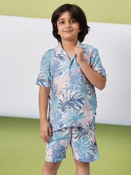 Stylo Bug - Boys Blue Flower Printed Shirt with Shorts (Set of 2)