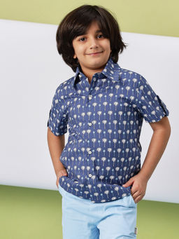 Stylo Bug - Boys Blue Flower Printed Half Sleeve Shirt