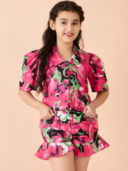 Stylo Bug - Girls Pink Flower Printed Top with Shorts (Set of 2)