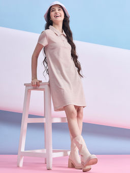 StyloBug - Girls Beige Stripes Printed Shirt Collar Dress