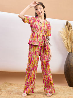Stylo Bug - Girls Multi Abstract Print Top Pant with Belt (Set of 3)