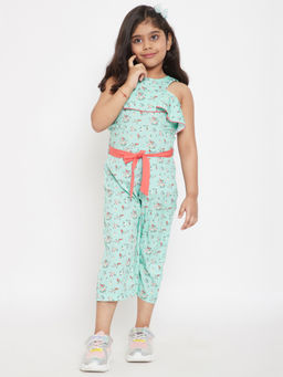 Stylo Bug - Girls Green Flower Printed Jumpsuit with Belt