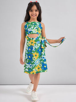 Stylo Bug - Girls Green Flower Printed Dress