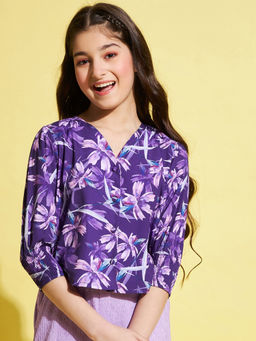 Stylo Bug - Girls Purple Flower Printed V-Neck Top