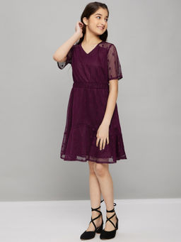 Stylo Bug - Girls Burgundy Self Design V-Neck Party Dress