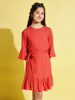 Stylo Bug - Girls Red Micro Print Round Neck Dress with Belt (Set of 2)