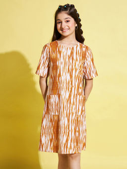 Stylo Bug - Girls Mustard Tie & Dye Round Neck Dress
