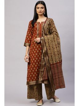 Biba - Red Cotton Woven Unstitched Suit (Set of 3)