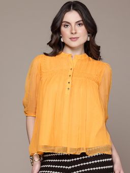 Label Ritu Kumar - Band Collar Full Sleeves Solid Top