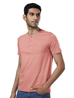 The Souled Store - Men Supima Henley Salmon Pink (half Sleeve) Pink Half Sleeve Henley T-shirts