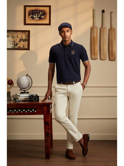 Peter England - Men Cream Slim Fit Cotton Rich Casual Chino Trousers With Stretch