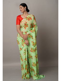 Unnati Silks - Light Green Fancy Block Printed Georgette Saree with Unstitched Blouse