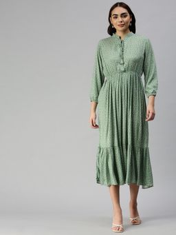 SHOWOFF - Women Green Floral Mandarin Neck A-Line Dress