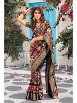 Mysilklove - Taupe Black Banarasi Printed Saree with Unstitched Blouse