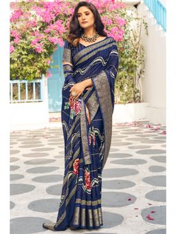 Mysilklove - Cloud Burst Navy Blue Banarasi Floral Printed Saree with Unstitched Blouse