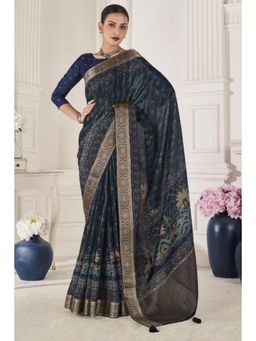Mysilklove - Ebony Clay Navy Blue Printed Banarasi Silk Saree with Unstitched Blouse