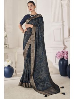 Mysilklove - Tuna Navy Blue Printed Banarasi Silk Saree with Unstitched Blouse