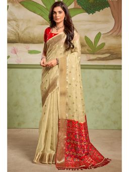 Mysilklove - Tumbleweed Cream Banarasi Tissue Silk Saree with Unstitched Blouse