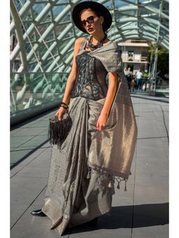 Mysilklove - Tapa Grey Banarasi Handloom Saree with Unstitched Blouse