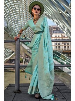 Mysilklove - Trade Wind Blue Banarasi Handloom Saree with Unstitched Blouse