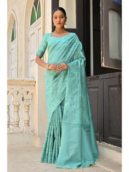 Mysilklove - Neptune Turquoise Woven Kalamkari Raw Silk Saree with Unstitched Blouse