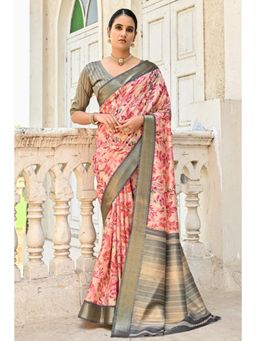 Mysilklove - Tonys Peach Tussar Floral Printed Silk Saree with Unstitched Blouse
