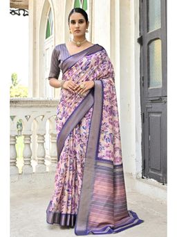 Mysilklove - Luster Purple Tussar Floral Printed Silk Saree with Unstitched Blouse