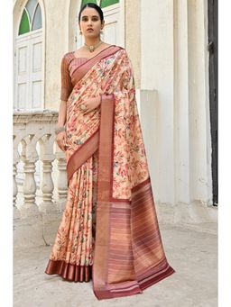 Mysilklove - Contessa Beige Tussar Floral Printed Silk Saree with Unstitched Blouse