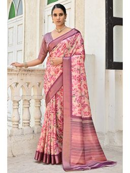 Mysilklove - Wewak Pink Tussar Floral Printed Silk Saree with Unstitched Blouse