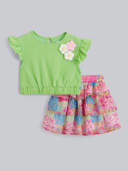 Hopscotch - Green Cotton Round Neck Top and Skirt (Set of 2)