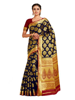 Mimosa - Navy Blue Mysore Silk Style Crepe Saree With Unstitched Blouse