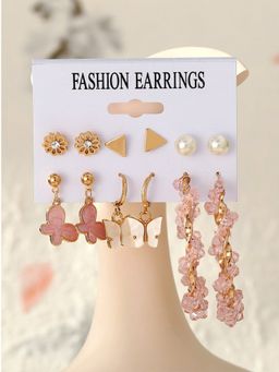 Yellow Chimes - Pink Set of 6 Gold Plated Quirky Studs Earrings