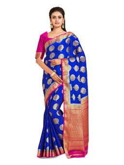 Mimosa - Blue Mysore Silk Style Crepe Saree With Unstitched Blouse