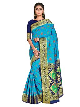 Mimosa - Blue Patola Style Art Silk Saree With Unstitched Blouse
