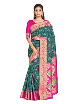 Mimosa - Navy Blue Patola Style Art Silk Saree With Unstitched Blouse