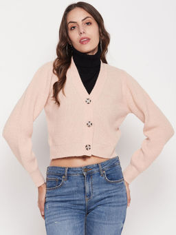 Madame - Women Solid Peach Crop Sweater