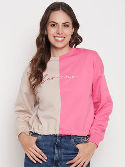 Madame - Women Color Block Beige and Fuschia Sweatshirt