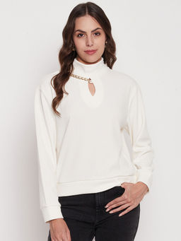 Madame - Women Solid Off White Sweatshirt