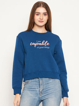 Madame - Women Printed Royal Blue Sweatshirt
