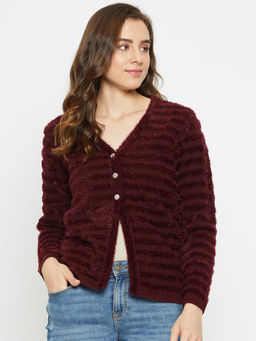 Madame - Women Solid Wine Cardigan